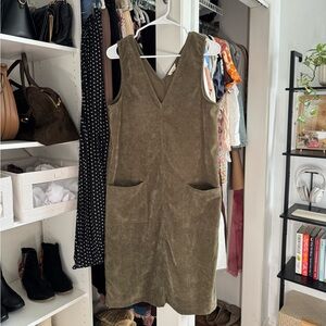 Olive Green Corduroy V-Neck Pinafore Dress